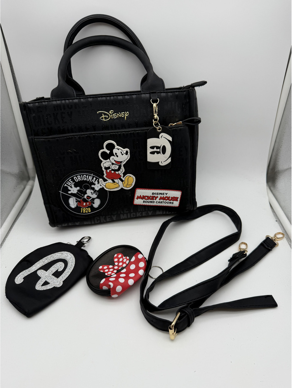 Disney Mickey Mouse Black Tote Bag with Patches and Detachable Strap
